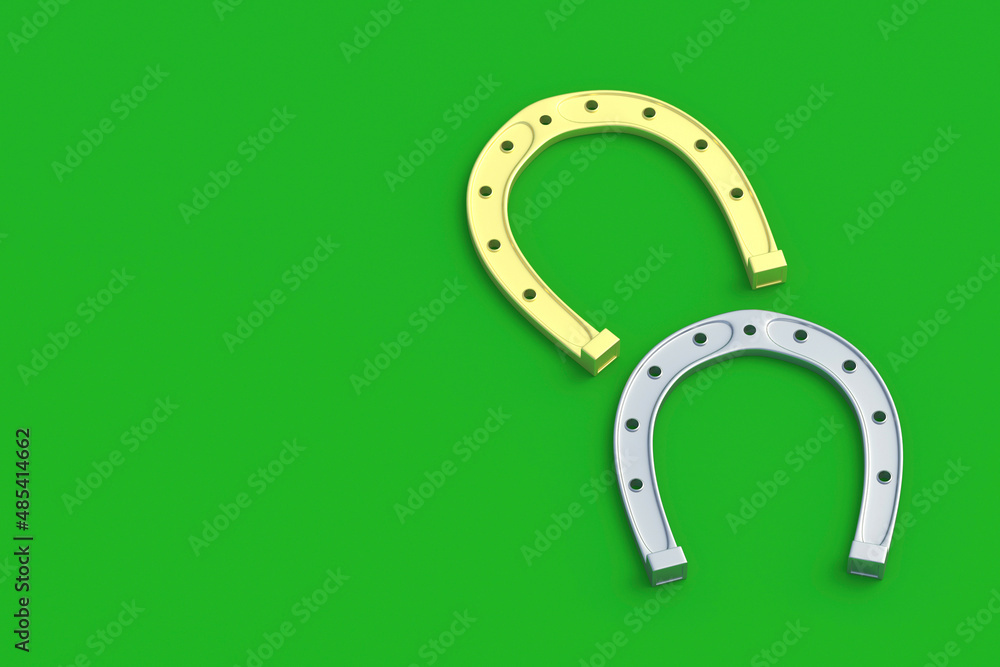 Golden and silver horseshoes on a green background. Symbol of luck. Successful concept. Copy space. 3d render Golden and silver horseshoes on a green background. Symbol of luck. Successful concept. Copy space. 3d render