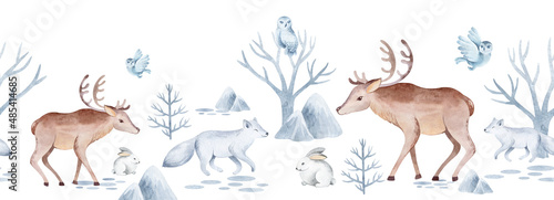 Seamless border pattern with northern animals. Childish illustration of cute north pole animals. reindeer scribe and white hare in the forest among fir trees and trees. For the design of holiday cards © Elena