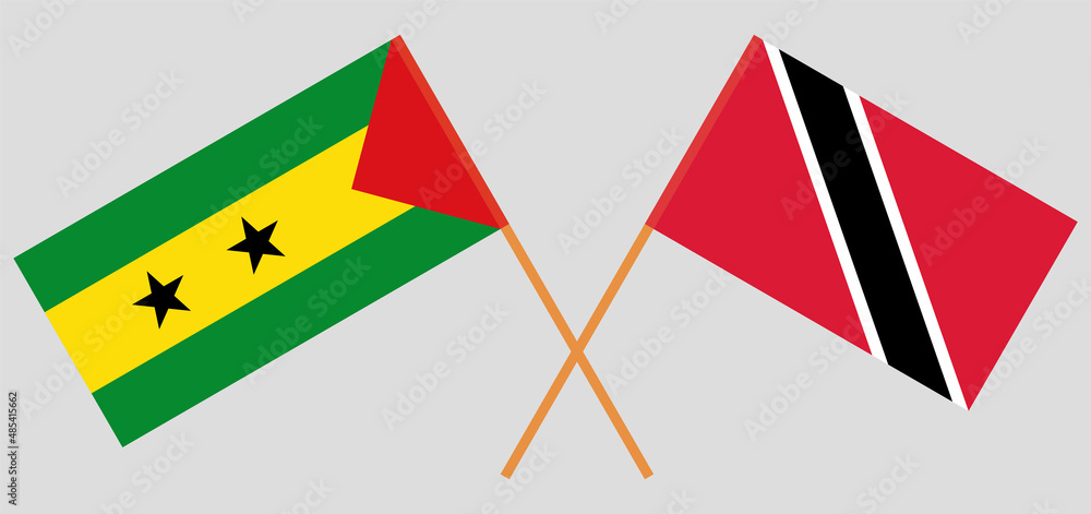 Crossed flags of Sao Tome and Principe and Trinidad and Tobago. Official colors. Correct proportion Crossed flags of Sao Tome and Principe and Trinidad and Tobago. Official colors. Correct proportion