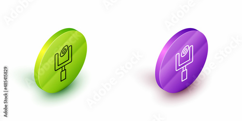 Isometric line American football goal post and football ball icon isolated on white background. Green and purple circle buttons. Vector