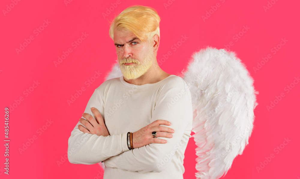 Obraz premium Valentines Day. Male angel with white wings. Valentine Cupid. Amour. February 14.