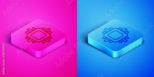 Isometric line Computer processor with microcircuits CPU icon isolated on pink and blue background. Chip or cpu with circuit board. Micro processor. Square button. Vector