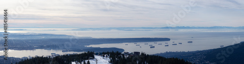 Panoramic View of Top of Grouse Mountain Ski Resort with the City in the background. North Vancouver, British Columbia, Canada.