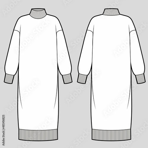 Women's Turtle Neck Knit Dress. Dress technical fashion illustration.