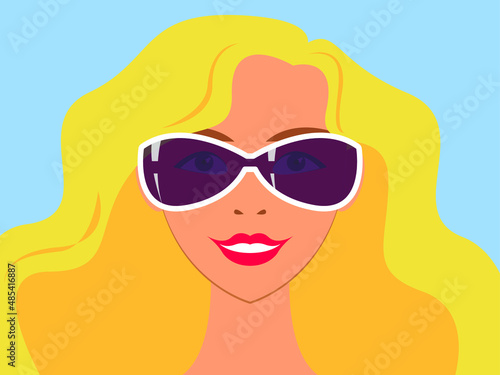 Vector illustration - a close-up portrait of a glamorous blonde woman with wavy hair wearing sunglasses with a smile. Concept avatar