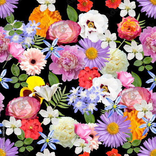 Floral seamless background with different flowers on white backdrop