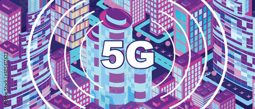 Wireless network 6G and 5G Smart city concept. Internet , 6G wireless network with high speed connection . Smart city. Isometry.Vector image. 