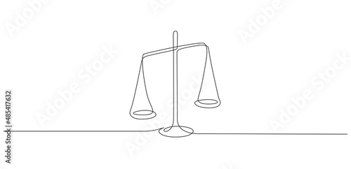 One continuous line drawing of law balance and scale of justice. Symbol of equality and concept court and logo firm in simple linear style. Libra icon. Doodle vector illustration photo