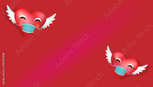 Valentine day in coronavirus concept in realistic style. Big 3d hearts is wearing medical mask. Happy and safe during quarantine in valentine holiday.