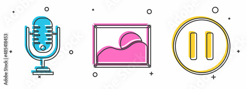 Set Microphone, Picture landscape and Pause button icon. Vector