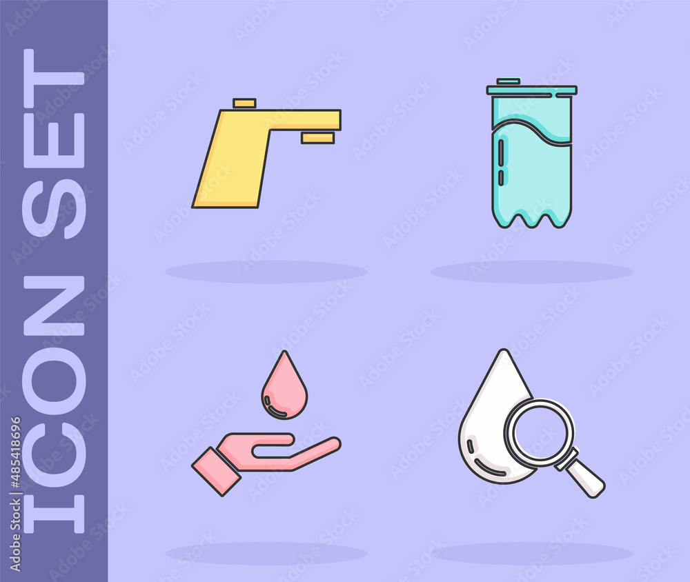 Set Drop and magnifying glass, Water tap, Washing hands with soap and filter cartridge icon. Vector Set Drop and magnifying glass, Water tap, Washing hands with soap and filter cartridge icon. Vector