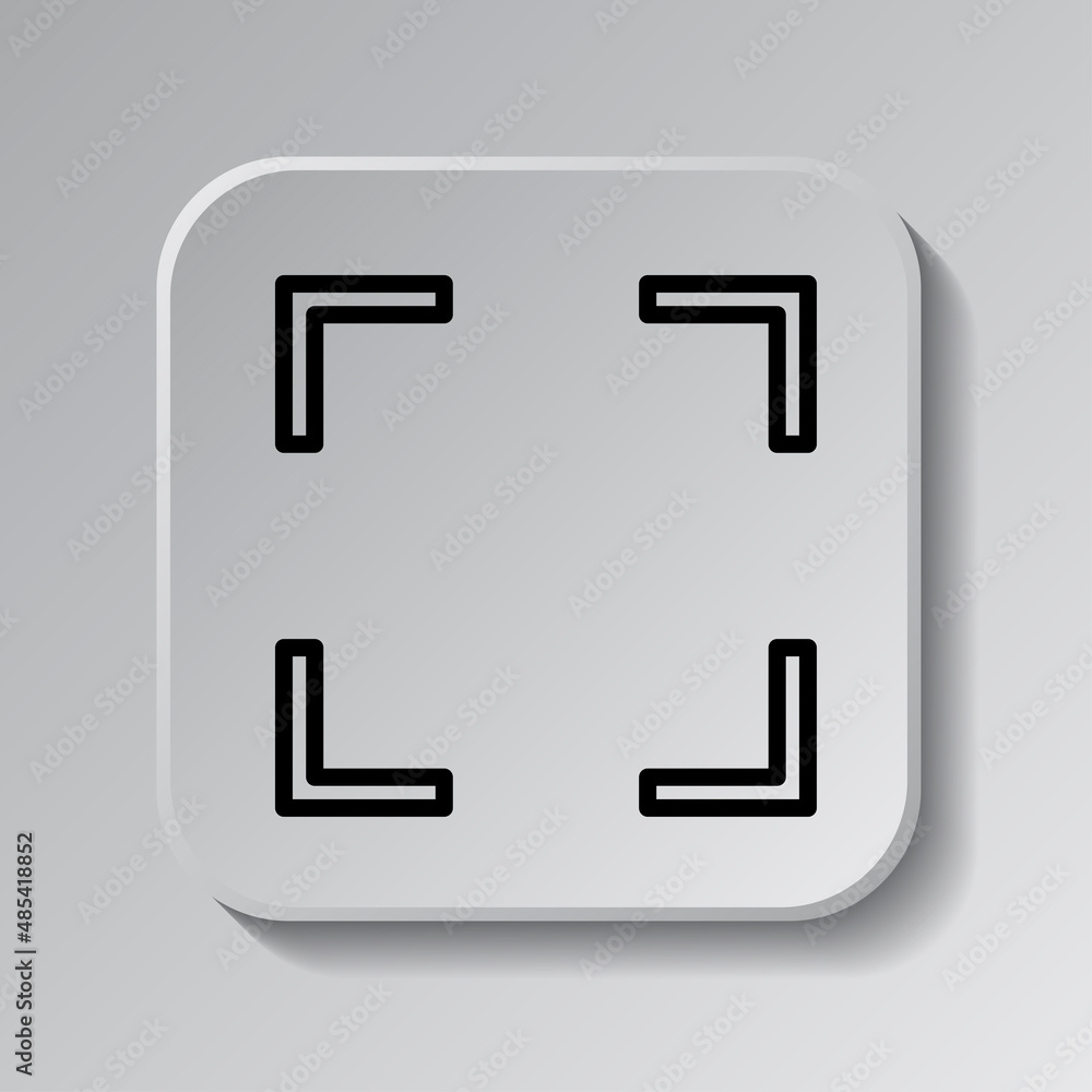 Focus, full screen simple icon vector. Flat desing. Black icon on square button with shadow. Grey background.ai Focus, full screen simple icon vector. Flat desing. Black icon on square button with shadow. Grey background.ai