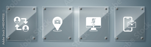 Set Freelancer, Mute microphone on computer, Online working and Project team base. Square glass panels. Vector