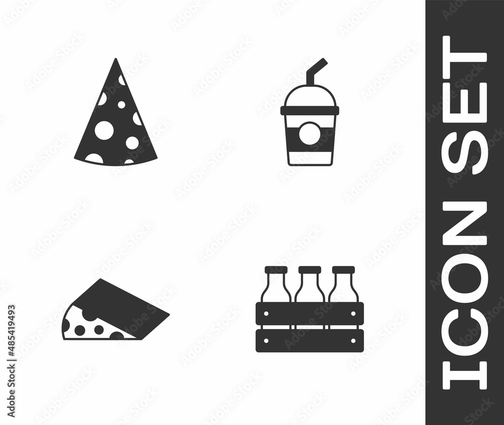 Set Bottled milk in wooden box, Cheese, and Milkshake icon. Vector Set Bottled milk in wooden box, Cheese, and Milkshake icon. Vector