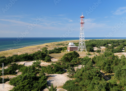 Aerial View To A Radio Tower Close To The Baltic Sea Beach In Darsser Ort Germany On A Beautiful Sunny Summer Day With A Clear Blue Sky And A Few Clouds