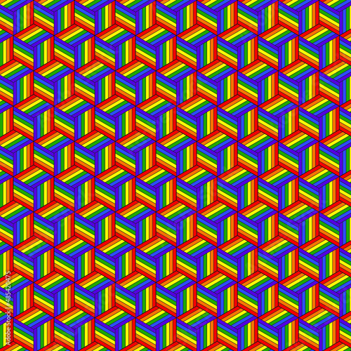 Vector illustration of wallpaper, background and flag with rainbow pattern. Geometric pattern of cubes with LGBT faces. Abstract geometric background. 