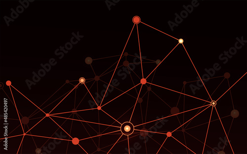 Dark red background with plexus line dot and depth color. Polygon science texture with coordinates for website
