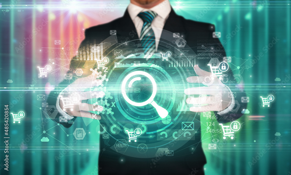 Businessman holding technology icon Businessman holding technology icon