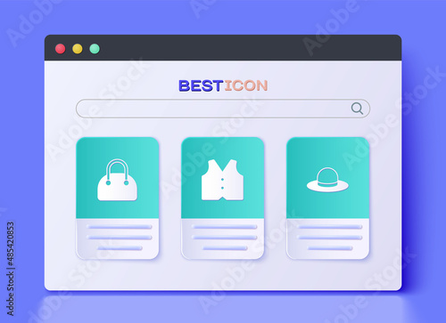 Set Waistcoat, Handbag and Man hat icon. Vector