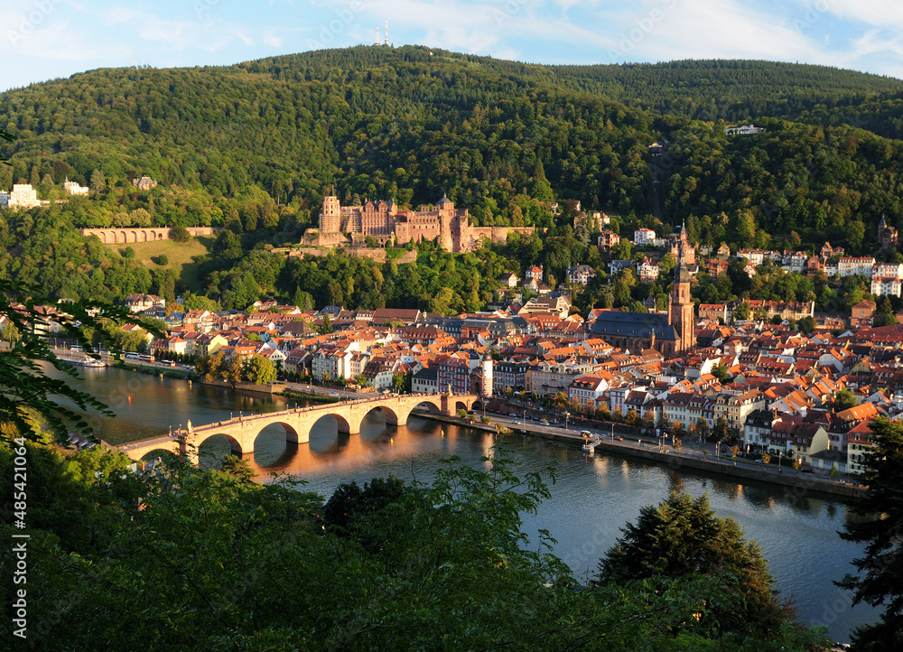 View Over The River Neckar To The Historic City And The Famous Castle Of Heidelberg Germany On A Beautiful Sunny Summer Day With A Clear Blue Sky And A Few Clouds