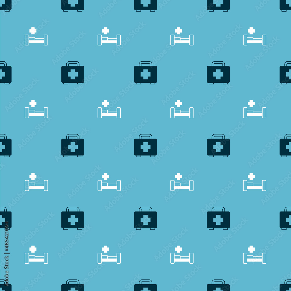 Set First aid kit and Hospital bed on seamless pattern. Vector Set First aid kit and Hospital bed on seamless pattern. Vector