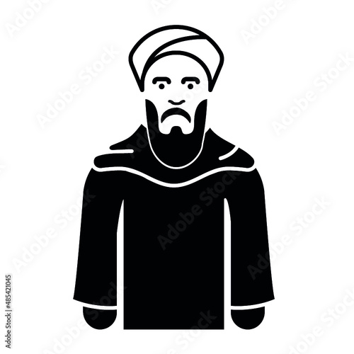 Mullah wearing turban and traditional clothes, holding beads and Quran book. Islamic clergyman, cleric or religious leader. Male cartoon character isolated on white background. Vector illustration.