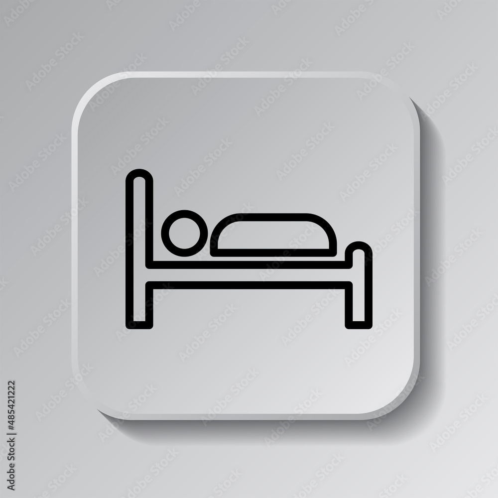 Bed, sleep simple icon. Flat desing. Black icon on square button with shadow. Grey background.ai Bed, sleep simple icon. Flat desing. Black icon on square button with shadow. Grey background.ai