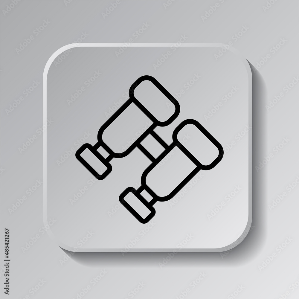 Binoculars simple icon. Flat desing. Black icon on square button with shadow. Grey background.ai