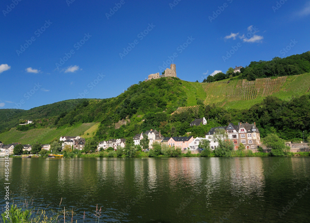 View From The Mosel River To Fort Landshut In Bernkastel-Kues Germany On A Beautiful Sunny Summer Day With A Clear Blue Sky And A Few Clouds