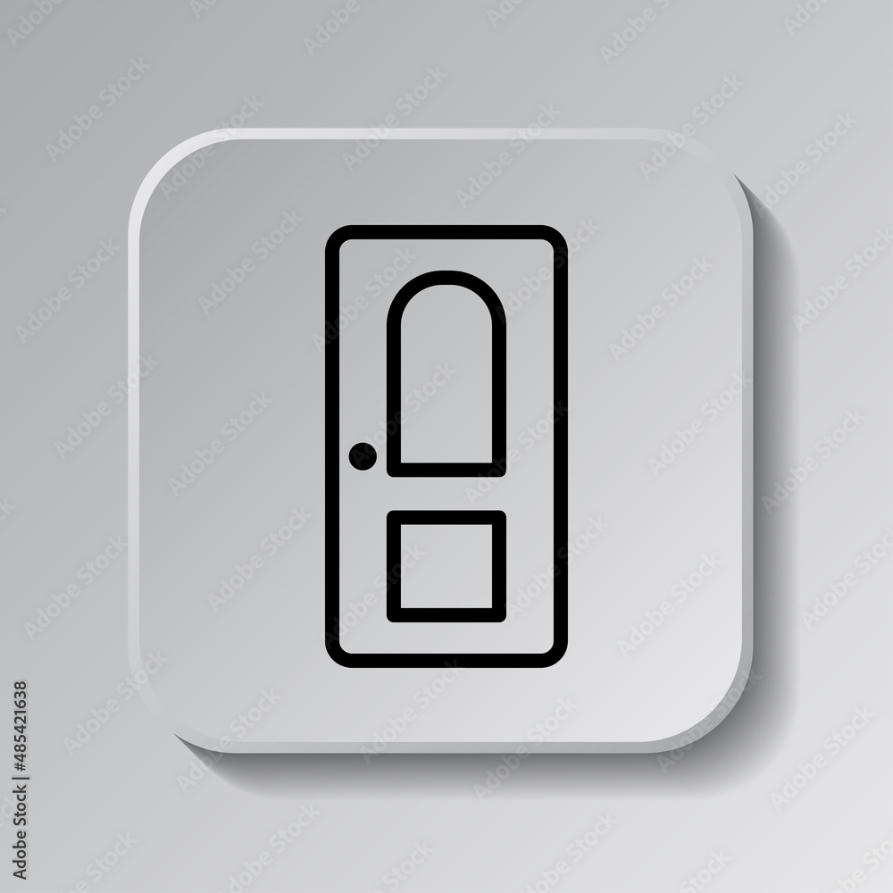 Door simple icon. Flat desing. Black icon on square button with shadow. Grey background.ai Door simple icon. Flat desing. Black icon on square button with shadow. Grey background.ai
