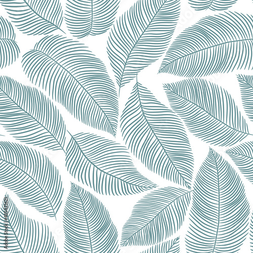 seamless floral abstract background with  leaves drawn by thin lines. Green and white, monochrome