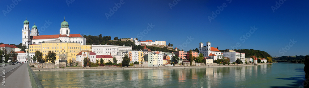 Panorama View From The River Inn To The Old City Of Passau And Fort Veste Oberhaus Germany On A Beautiful Sunny Summer Day With A Clear Blue Sky