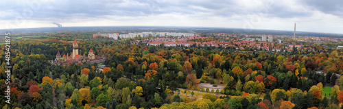 Panorama View From The Monument To The Battle Of The Nations Voelkerschlachtdenkmal To The City Of Leipzig Germany On A Beautiful Sunny Autumn Day With A Few Clouds In The Sky