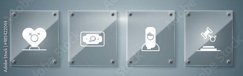 Set Female rights, Muslim woman in hijab, Money growth and Gender. Square glass panels. Vector