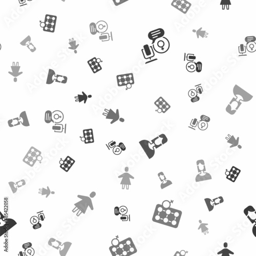 Set Microphone, Packaging of birth control pills, Female and on seamless pattern. Vector