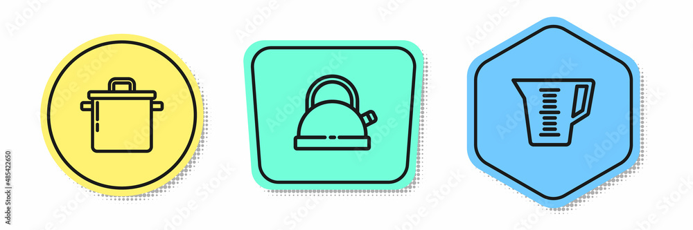 Set line Cooking pot, Kettle with handle and Measuring cup. Colored shapes. Vector Set line Cooking pot, Kettle with handle and Measuring cup. Colored shapes. Vector