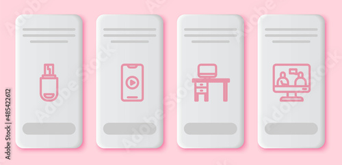 Set line USB flash drive, Online play video, Computer monitor and desk and education. White rectangle button. Vector