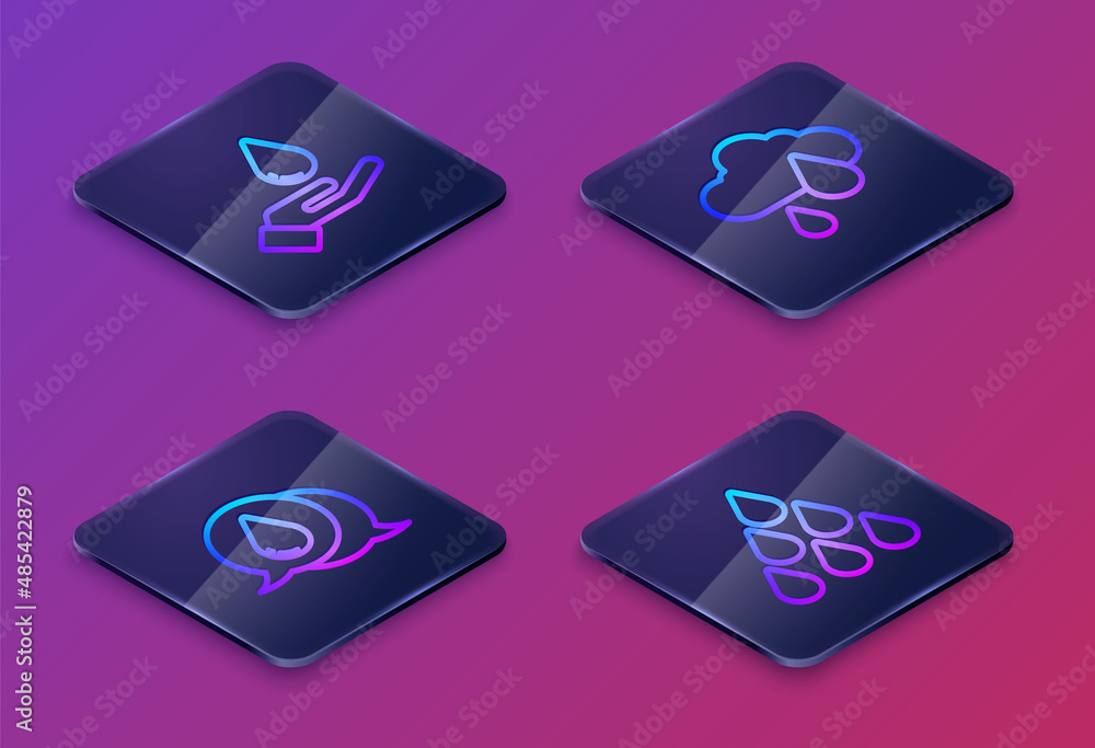 Set Isometric line Washing hands with soap, Water drop, Cloud rain and . Blue square button. Vector Set Isometric line Washing hands with soap, Water drop, Cloud rain and . Blue square button. Vector