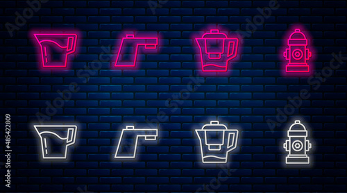 Set line Water tap, jug with filter, Jug glass water and Fire hydrant. Glowing neon icon on brick wall. Vector