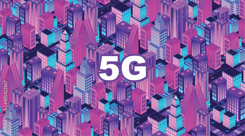 Wireless network 6G and 5G Smart city concept. Internet , 6G wireless network with high speed connection . Smart city. Isometry.Vector image. 