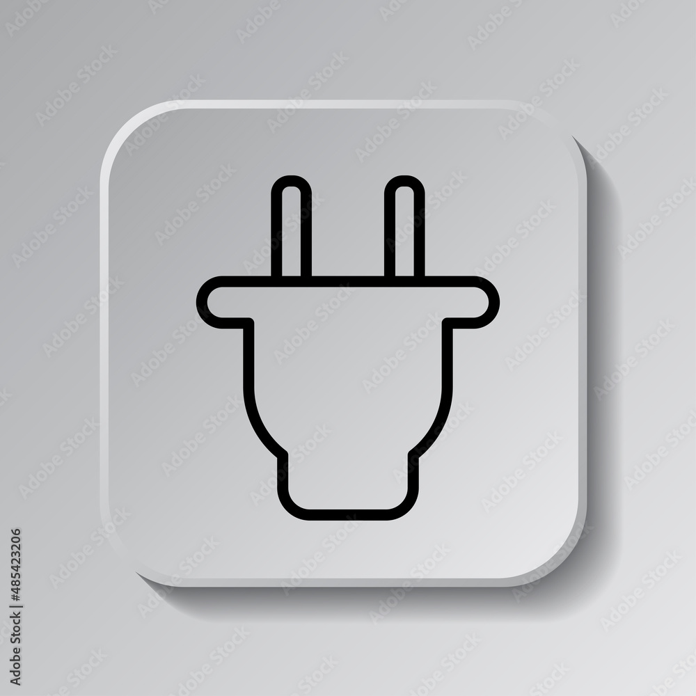 Plug simple icon. Flat desing. Black icon on square button with shadow. Grey background.ai Plug simple icon. Flat desing. Black icon on square button with shadow. Grey background.ai