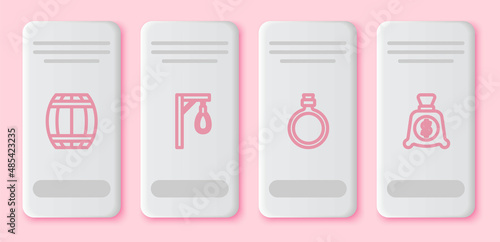 Set line Gun powder barrel, Gallows, Canteen water bottle and Money bag. White rectangle button. Vector