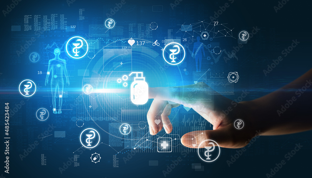 Doctor hand pressing futuristic health device with medical symbol on screen Doctor hand pressing futuristic health device with medical symbol on screen