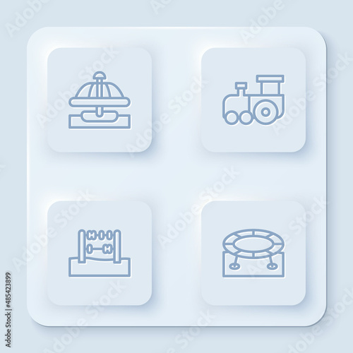 Set line Attraction carousel, Toy train, Abacus and Jumping trampoline. White square button. Vector