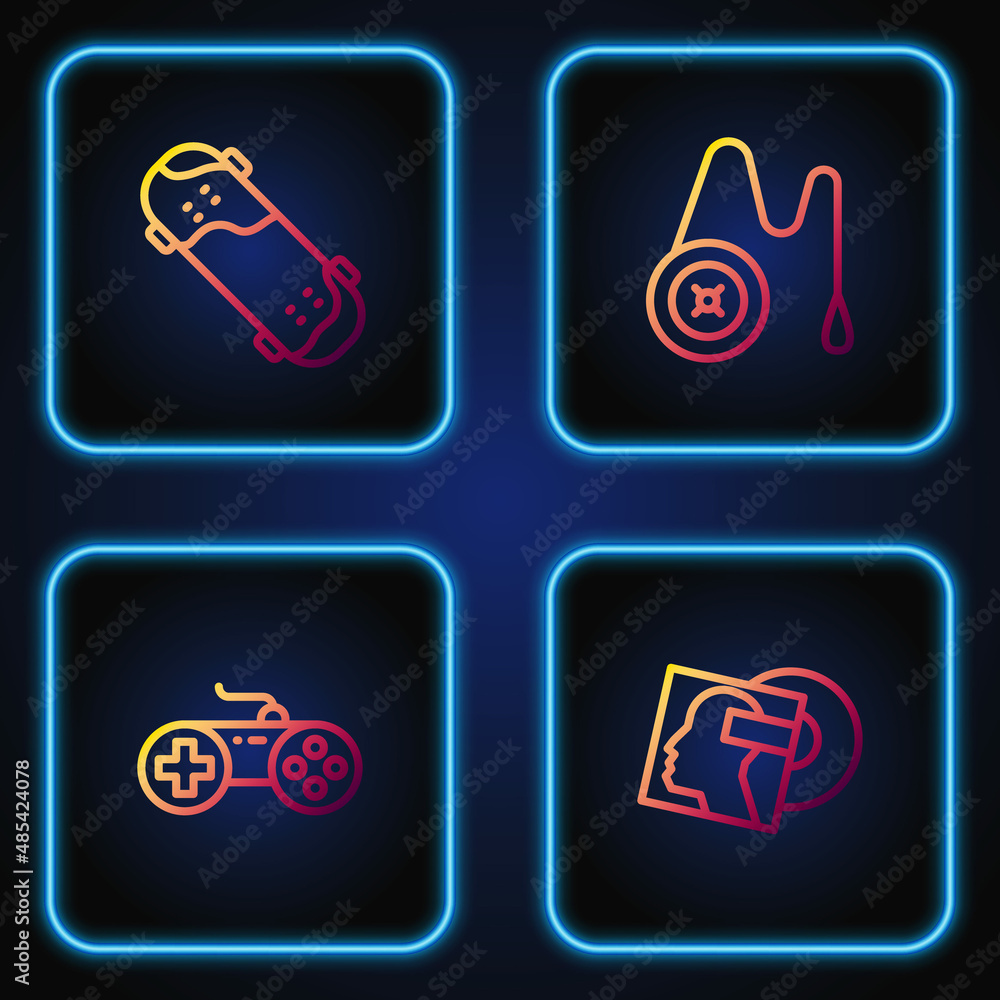Set line Vinyl disk, Gamepad, Skateboard trick and Yoyo toy. Gradient color icons. Vector Set line Vinyl disk, Gamepad, Skateboard trick and Yoyo toy. Gradient color icons. Vector
