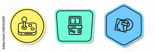 Set line Joystick, Tetris and Vinyl disk. Colored shapes. Vector