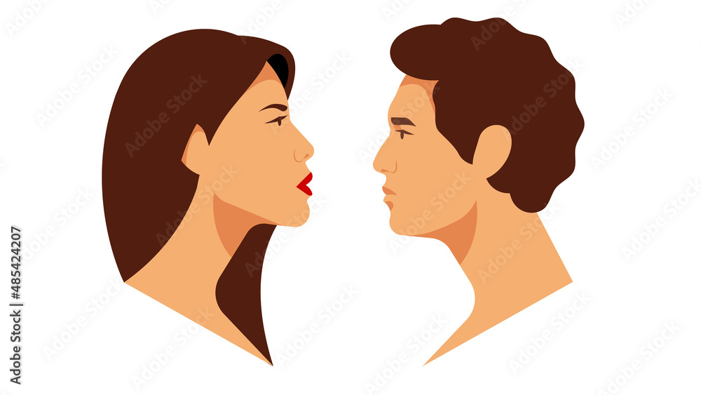 Profile of young beautiful woman and handsome man. Calm human face opposite each other. Brown hair, white skin, calm expression, long neck. Modern vector portrait of couple.