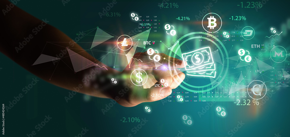 Business person hand pushing currency symbol on multimedia touch screen Business person hand pushing currency symbol on multimedia touch screen
