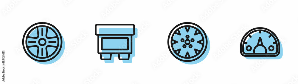 Set line Alloy wheel, , Fuse and Speedometer icon. Vector