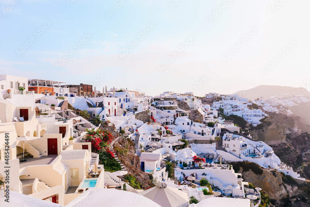 Beautiful view of Oia with traditional white houses, Santorini island, Greece